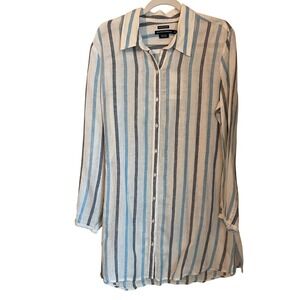 Island Company Womens Gentleman Tunic Shirt XL Blue White Striped 100% Linen